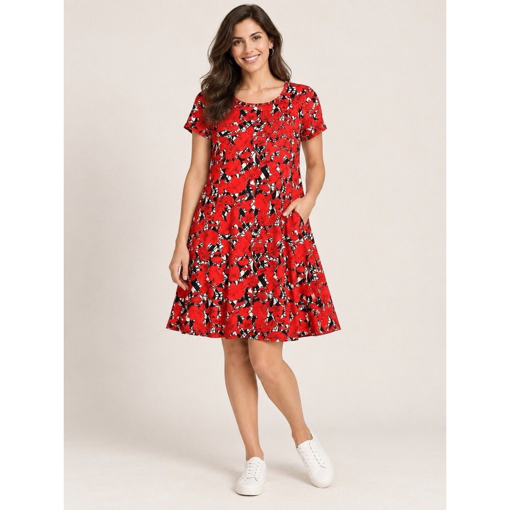 LuLaRoe XS Floral Swing Dress Red Black White Short Sleeve Pocket